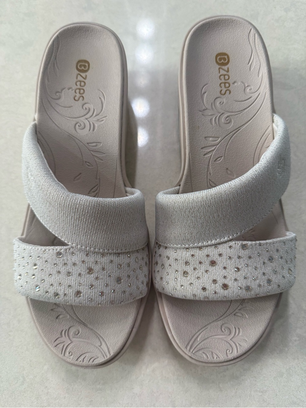 Bzees Women's Light Beige Slide Sandals with Rhinestone Accent-8 1/2